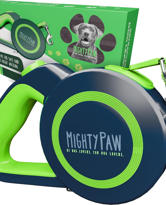 Retractable Dog Leash 2.0 | 16' Heavy Duty Reflective Nylon Tape Lead for Pets up to 0-50 Lbs. Tangle Free Design W/One Touch Quick-Lock Braking System & Anti-Slip Handle (Green/Lite)