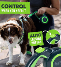 Retractable Dog Leash 2.0 | 16' Heavy Duty Reflective Nylon Tape Lead for Pets up to 0-50 Lbs. Tangle Free Design W/One Touch Quick-Lock Braking System & Anti-Slip Handle (Green/Lite)
