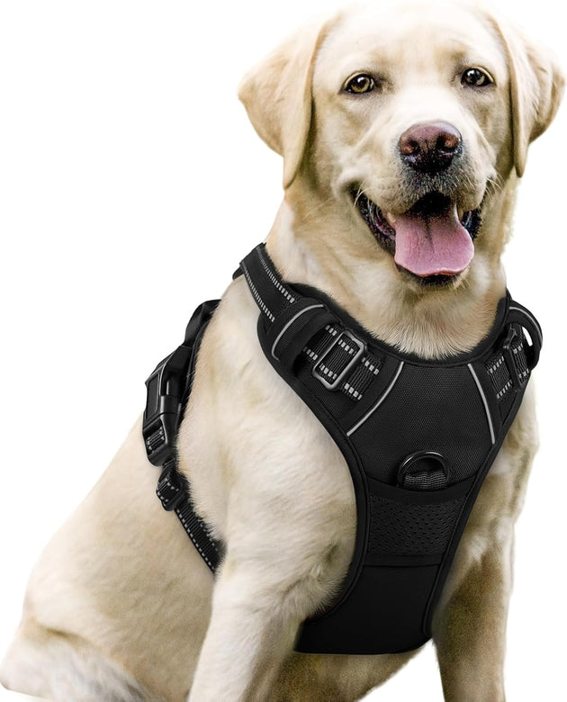 Dog Harness No Pull with 2 Leash Clips, Adjustable Soft Padded, Reflective Oxford No Choke Pet Vest with Easy Control Handle for Large Dogs, Black, L