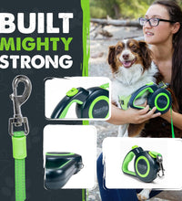 Retractable Dog Leash 2.0 | 16' Heavy Duty Reflective Nylon Tape Lead for Pets up to 0-50 Lbs. Tangle Free Design W/One Touch Quick-Lock Braking System & Anti-Slip Handle (Green/Lite)