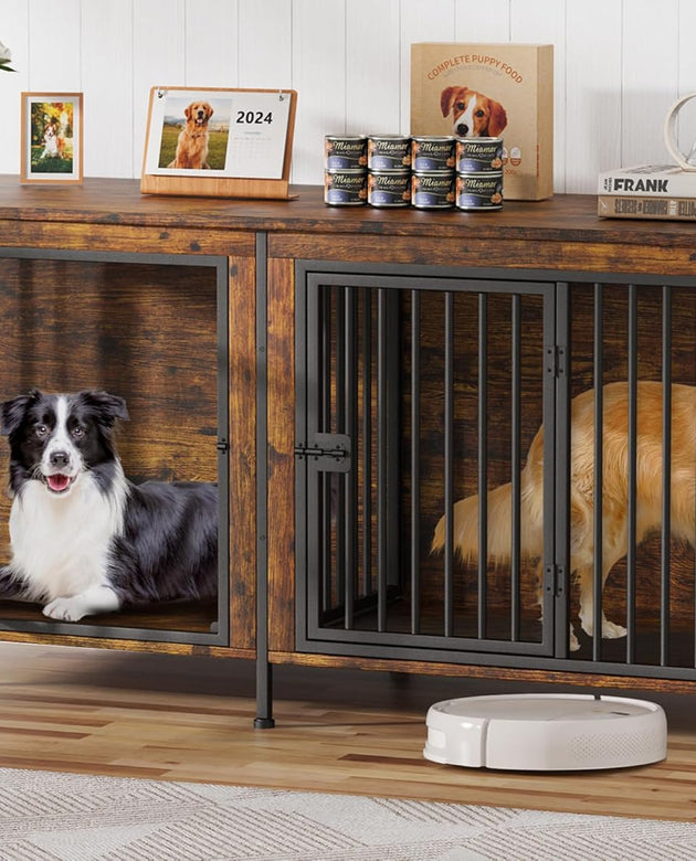 78 Inch Dog Crate Furniture for 2 Dogs, Extra Large Double Dog Cage Large Breed, XXL Thick Wooden Dog Crate TV Stand, Sturdy Dog Kennel with Divider